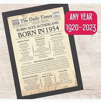 70th Birthday Gift 1954 - Personalised Day You Were Born Print Mum Dad Men Women • £8.50