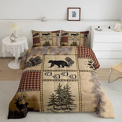 Retro Bear Paw Print Queen Size Comforter SetDeer Antler Pine Nut Plant Bedd... • $104.18