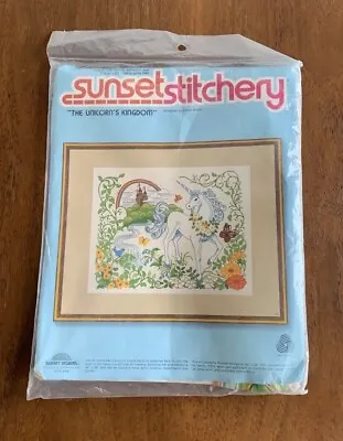 Vintage 80's Unicorn Rainbow Sunset Designs Fiber Yarn Art Crewel Kit • $30