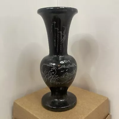 Vintage Marble Stone Bud Vase Etched Scenery￼ Engraved Black And Gray Marble ￼ • £4.62