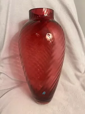 Vintage Cranberry Tiffany & Co.  Optic Swirl Vase 13.5” Tall Stamped & Sticker • $99.99