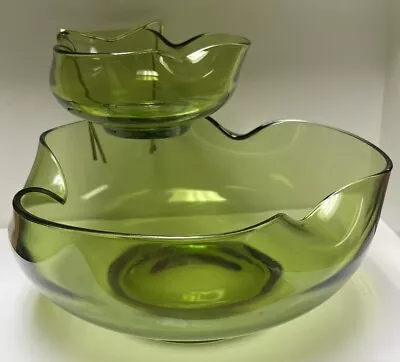 Vintage Anchor Hocking Avocado Accent Modern Green Glass Chip And Dip  Bowl Set  • $18