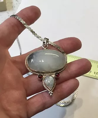 Vintage Sterling Silver & Moonstone With Rodonite Garnet Cabs Pendant Necklace • $32