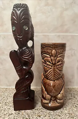 2 Vtg Maori Carved Solid Wood Teko Statue New Zealand & Tiki Farm Mug By Jimmy C • $89.90