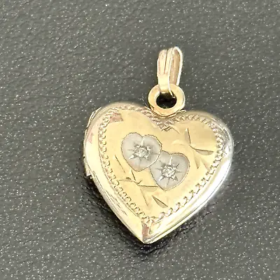 Vintage 14K Yellow Gold Floral Etched Diamond Small Puffy Heart Locket Pendant • $175