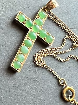 Antique 14k Yellow Gold Cross Pendant W Jade Beads & 14k Chain - Desirable Item • $269