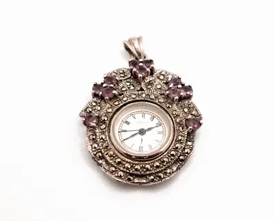 Vintage Amethyst And Marcasite With Quartz Stainless Steel Watch Pendant • $59.17