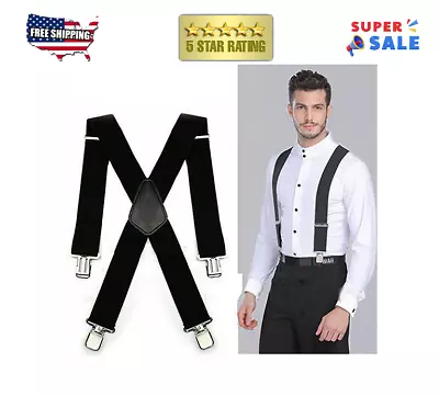 Men's Braces Suspenders Black 35mm X Back Heavy Duty Biker Snowboard Trousers • $6.99