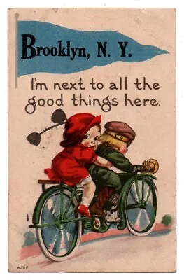 NYC New York City Brooklyn Pennant Greetings Motorcycle Scene Postcard • $7.50