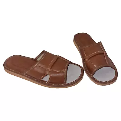 Handmade Leather Slippers For Men Brown Mules Open Toe EU Sizes 40-46 • £12.65