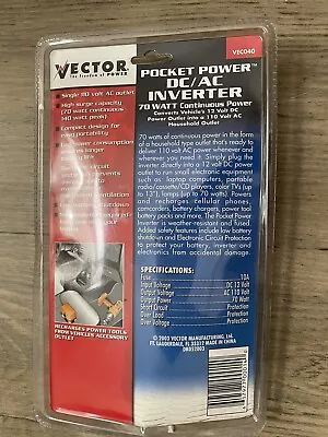 Vector Power Pocket Invertor DC To AC 70 Watt VEC040 2003 NIB • $21.99