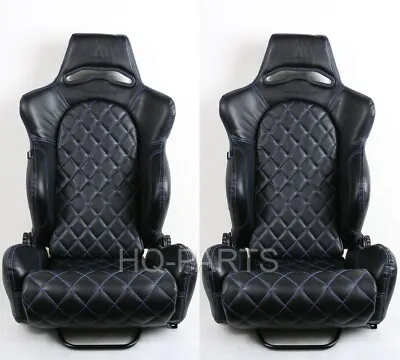 2 X Tanaka Black Pvc Leather Racing Seats Reclinable Blue Diamond Stitch Fits Vw • $306.89