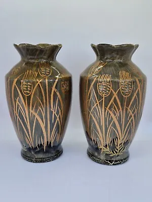 2x Matching Unusual Oriental Green Gold Pottery Vases  • £16.20