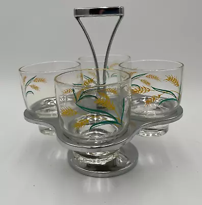 Set Of 4 Vintage 8 Oz Cocktail Juice Glasses W Wheat Design W Art Deco Carrier • $17.99