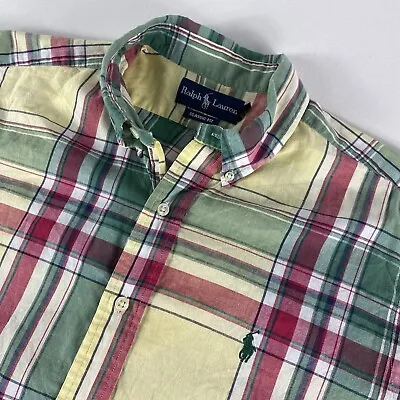 Ralph Lauren Button Down Shirt Adult Large Yellow Madras Plaid Classic Fit Mens • $18