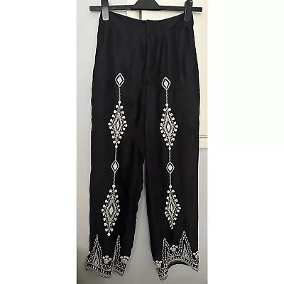 Zara Embroidered Trousers. Black Satin Silk Material With White Cream Embroidery • £10