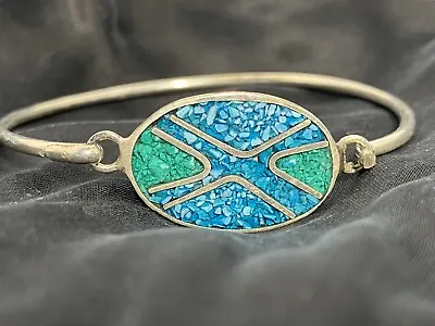 Beautiful Vintage Alpaca Mexico Silver Blue/Green Inlay Hinged Bangle Bracelet • $22