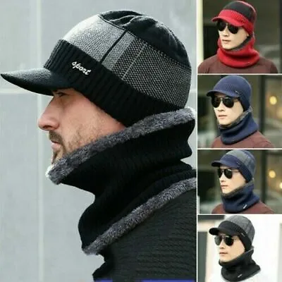 Men Winter Warm Hat Knit Visor Beanie Fleece Lined Billed Beanie With Brim Cap • $15.39