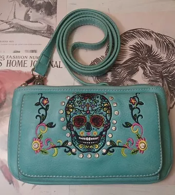 P&G Embellished Skull Crossbody Small Purse Aqua Green Southwestern Biker Goth • $17.99