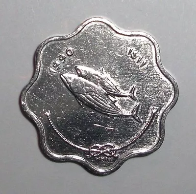 1990 Maldives Islands 5 Laari Scalloped Coin Bonito Fish Animal Wildlife • $1.34