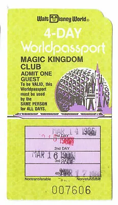 1986 Magic Kingdom Club Walt Disney World 4 Day Worldpassport Used Adult Ticket • $44.12