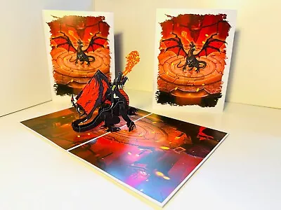 Origami Pop Cards BLACK Fire Breathing Dragon 3D Handmade Love Pop Up Card • $14.32