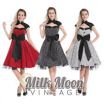 Vintage 1950s 60s Swing Rockabilly Black White Red Polka Dot Evening Party Dress • £16.99