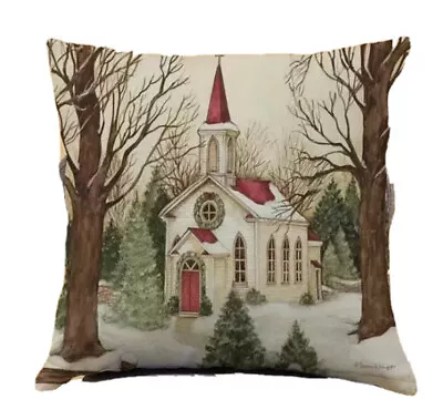 CHRISTMAS CHURCH Christmas Linen Throw Pillow Cover 18x18 Winter Holiday Decor • $13.08