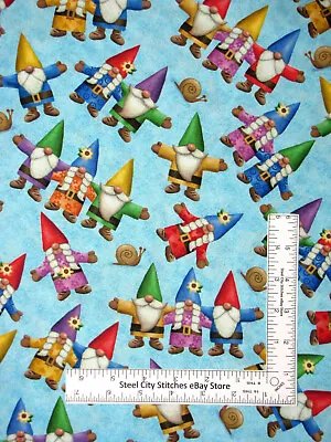 Gnome Fabric Home Sweet Gnome Cute Garden Gnomes Toss Blue Cotton QT Yard • £10.59