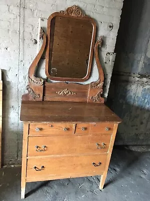 Antique Wood Oak Dresser Mirror Chest Dragons Carving • $349