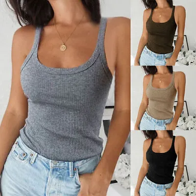 £8.49 • Buy Womens Plain Ribbed Cami Vest Tops Ladies Stretchy Casual Tank Tops T Shirts 14