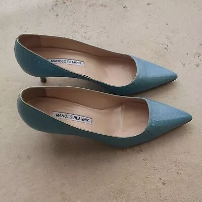 Manolo Blahnik BB Low Heel Snake Pumps Rare Watersnake Blue Size 37.5 • $125