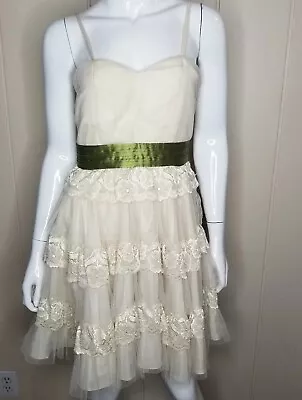 Minuet Lace And Ruffled Dress Sz Small Ivory And Green Prom Wedding Cocktail • $32