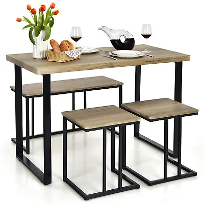 $203.90 • Buy Giantex 4Pcs Dining Table Set Industrial Wooden Table Bench 2 Stools Kitchen