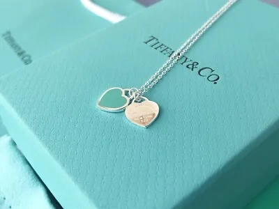 TIFFANY & Co. Return To Mini Double Blue Heart Enamel Pendant Necklace • $136.60