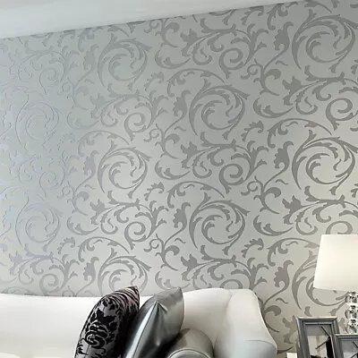 £10.94 • Buy Luxury 3D Metallic Textured Damask Embossed Wallpaper Silver Glitter Home Decor