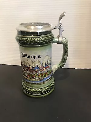 Munchen Beer Stein Green W/town Print Made In Germany With Lid • $17.20