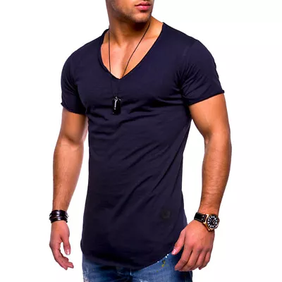 Mens Short Sleeve V Neck T Shirt Casual Slim Fit Summer Thin Solid Tops Muscle • $13.12