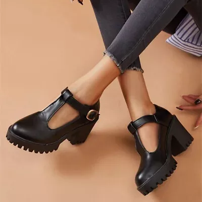 Casual Women Mary Jane T-strap Pu Leather Shoes Block Heel Round Toe Pump Size • $40.48