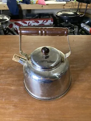 Vintage Chrome & Wood Farberware Stainless Steel Teapot Kettle 2.5 Qt Model 753 • $23.53