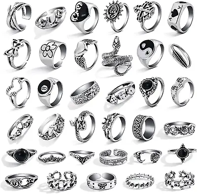 Vintage Silver Goth Grunge Ring Set For Women Men Girl Chunky Gothic Cool Punk • $16.21