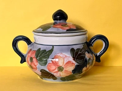 £12.50 • Buy Oriental Hand Painted Porcelain Lidded Sugar Bowl Blue Ground Floral