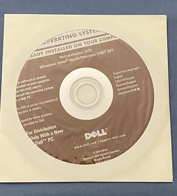 Dell Windows Vista Home Premium SP1 32-Bit Reinstallation DVD Disc • $18.99