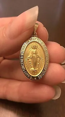 14k Yellow Gold Hollow Miraculous Medal Charm Blessed Virgin Mary Pendant  1.2  • $290.63