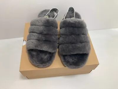 UGG Fluff Yeah Slide Charcoal Woman's Sheepskin Slipper Sandals NEW! • $53.78