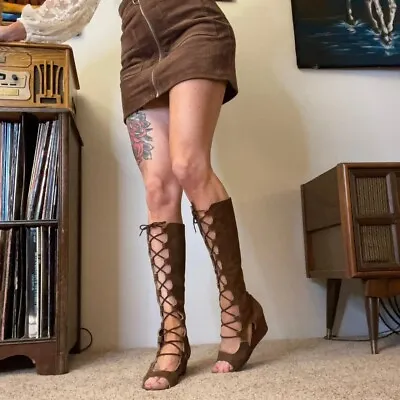 $285 • Buy Vintage 1960s 1970s Lace Up Cut Out Gladiator Sandals Mod Go Go Knee High Boots