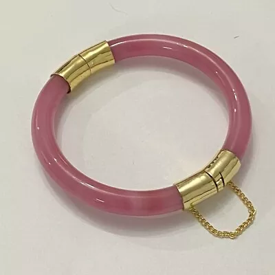 Vintage Pink Jade Glass Hinged Chinese Asian Bangle Bracelet Safety Chain • $26