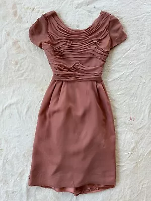 Vintage 1950s Brown Chiffon Gathered Wiggle Pencil Midcentury Cocktail Dress • $19.99