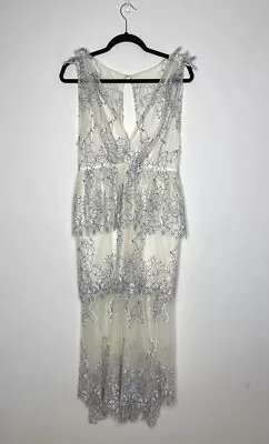 Alice McCall Clementine Gown Midi Dress Size 10 Lace White Blue Floral Tiered • $129.95