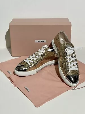 MIU MIU Gold Glitter Metal Toe Logo Sneakers Size 38 / 8 US • $260